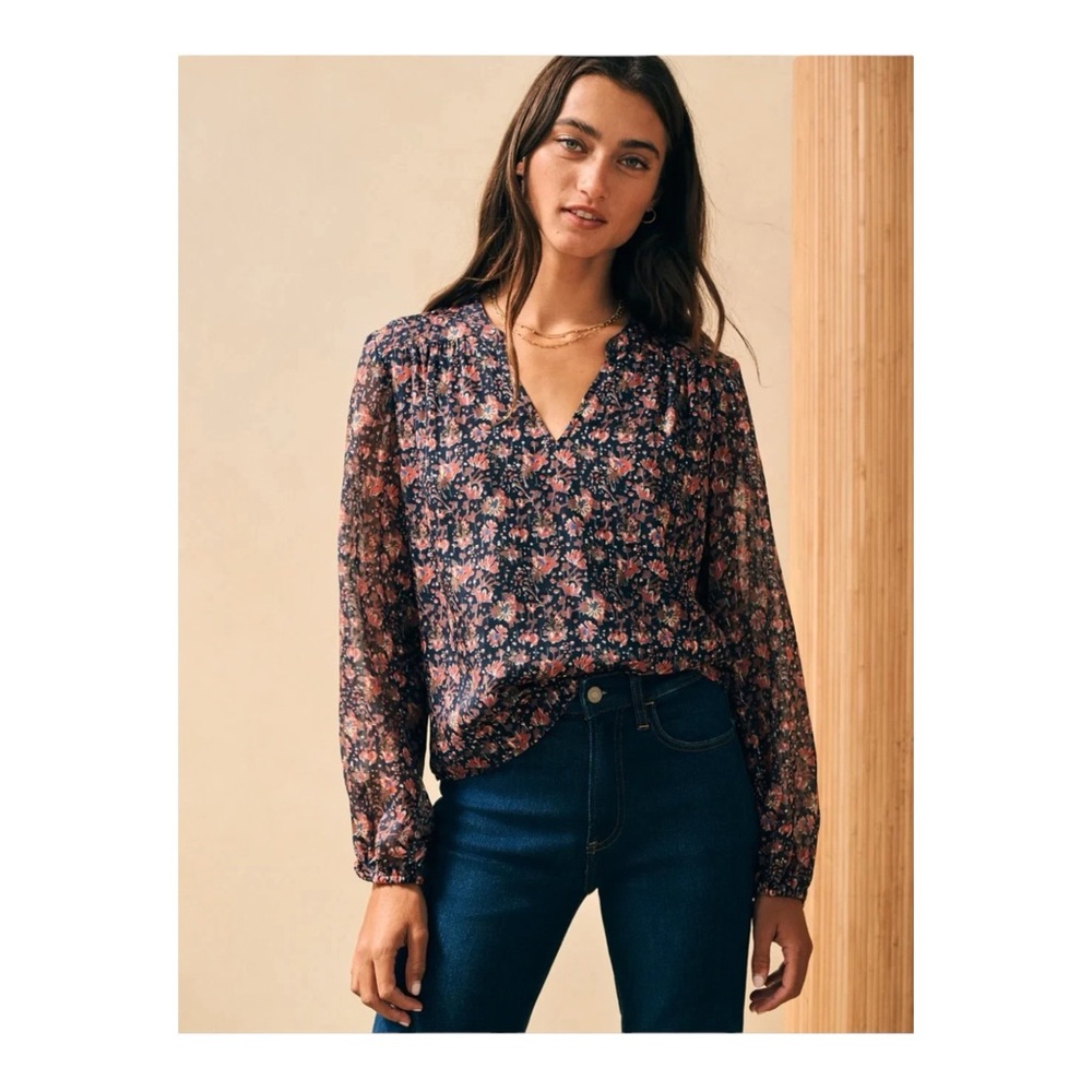 Faherty Floral Blouse in Navy and Pink
